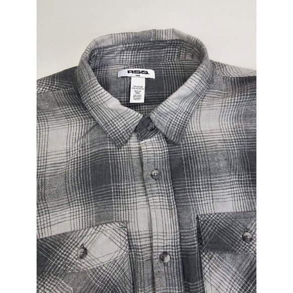 RSQ Size Small Mens Gray Checl Long Sleeve Cotton Blend Two Pocket Flannel Shirt - Picture 5 of 9